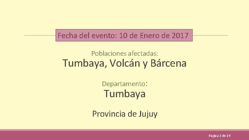 Fecha del evento: 10 de Enero de 2017 Poblaciones afectadas: Tumbaya, Volcán y Bárcena