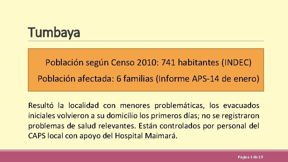Tumbaya Población según Censo 2010: 741 habitantes (INDEC) Población afectada: 6 familias (Informe APS-14