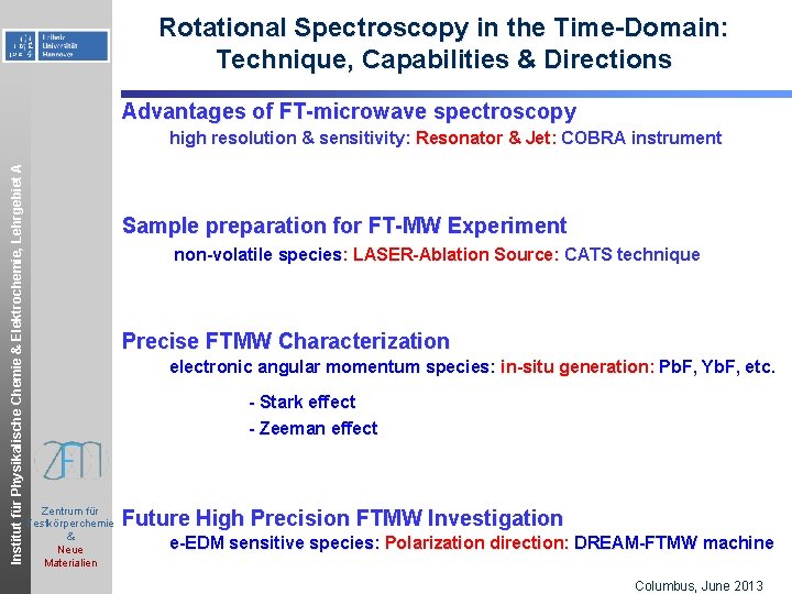 Rotational Spectroscopy in the Time-Domain: Technique, Capabilities & Directions Advantages of FT-microwave spectroscopy Institut