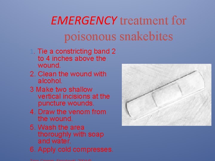 EMERGENCY treatment for poisonous snakebites 1. Tie a constricting band 2 to 4 inches