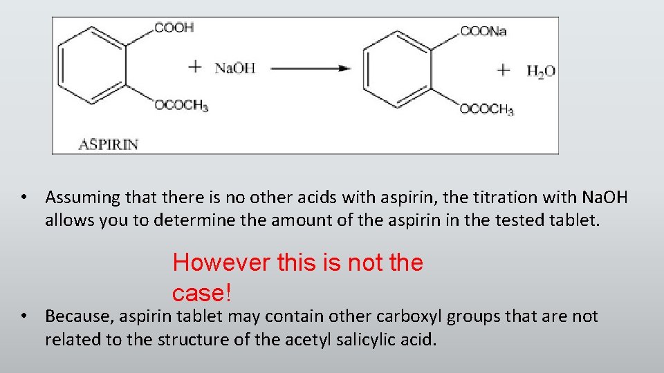  • Assuming that there is no other acids with aspirin, the titration with