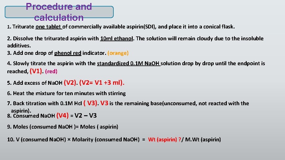 Procedure and calculation 1. Triturate one tablet of commercially available aspirin(SDI), and place it