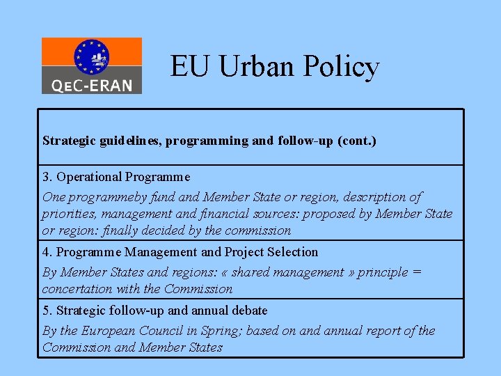 EU Urban Policy Strategic guidelines, programming and follow-up (cont. ) 3. Operational Programme One