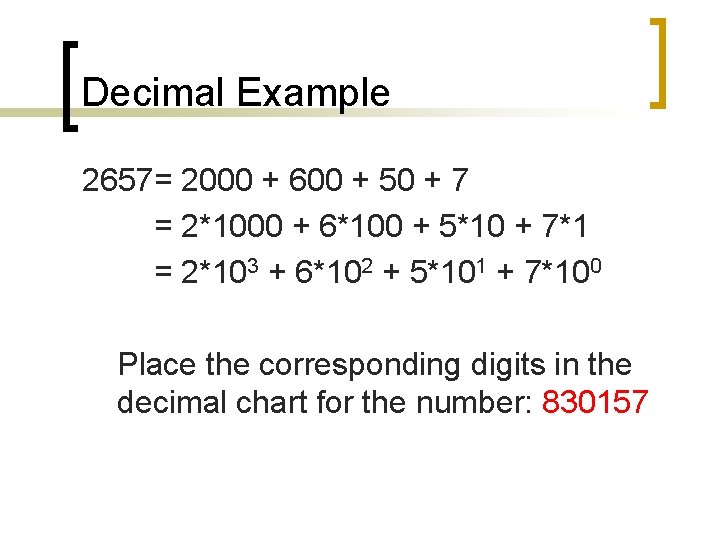 Decimal Example 2657= 2000 + 600 + 50 + 7 = 2*1000 + 6*100