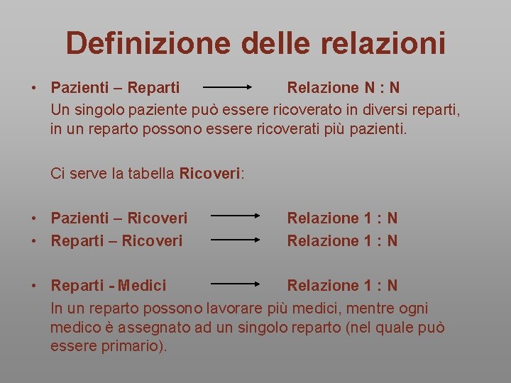 Definizione delle relazioni • Pazienti – Reparti Relazione N : N Un singolo paziente Definizione delle relazioni • Pazienti – Reparti Relazione N : N Un singolo paziente