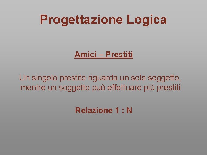 Progettazione Logica Amici – Prestiti Un singolo prestito riguarda un solo soggetto, mentre un Progettazione Logica Amici – Prestiti Un singolo prestito riguarda un solo soggetto, mentre un
