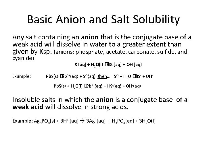 Basic Anion and Salt Solubility Any salt containing an anion that is the conjugate