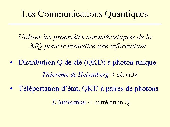 Les Communications Quantiques Utiliser les propriétés caractéristiques de la MQ pour transmettre une information