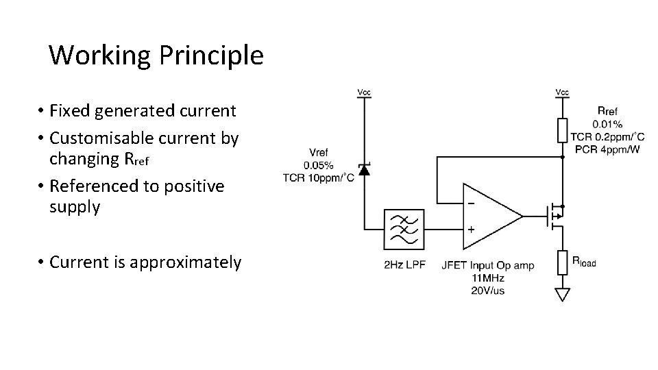 Working Principle • Fixed generated current • Customisable current by changing Rref • Referenced