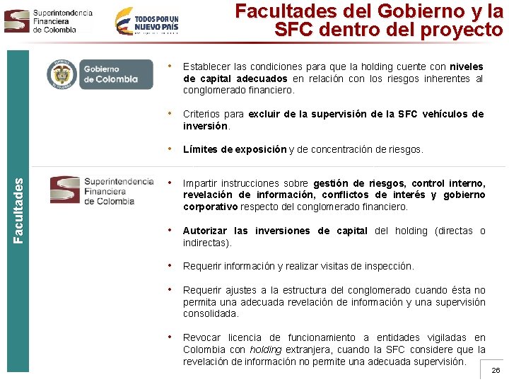 Facultades del Gobierno y la SFC dentro del proyecto • Establecer las condiciones para