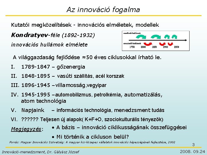 Az innováció fogalma Kutatói megközelítések - innovációs elméletek, modellek Kondratyev-féle (1892 -1932) innovációs hullámok
