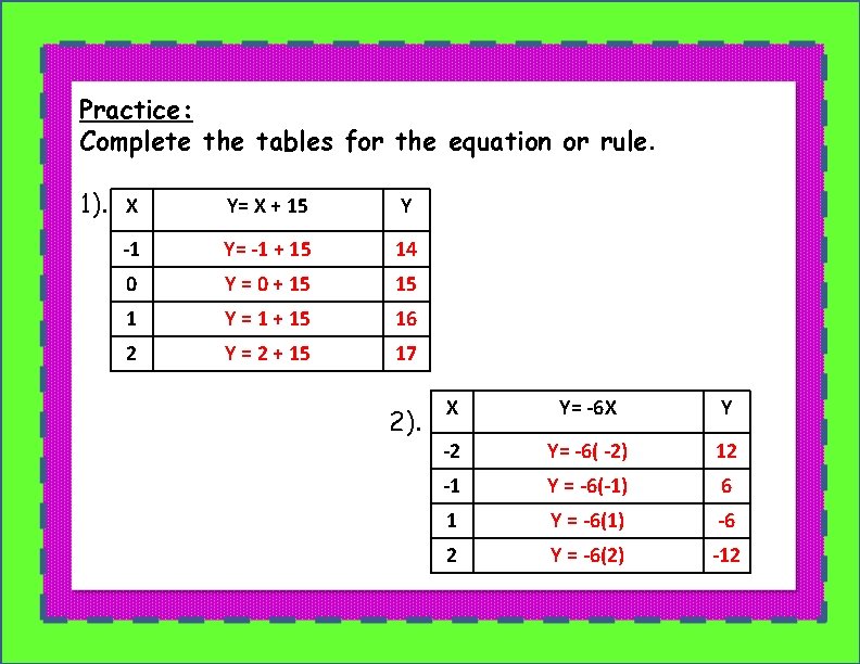 Practice: Complete the tables for the equation or rule. 1). X Y= X +