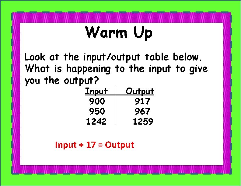 Warm Up Look at the input/output table below. What is happening to the input