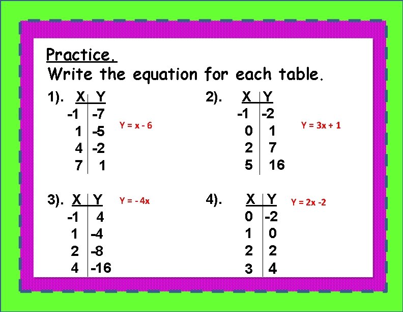 Practice. Write the equation for each table. 1). X -1 1 4 7 Y