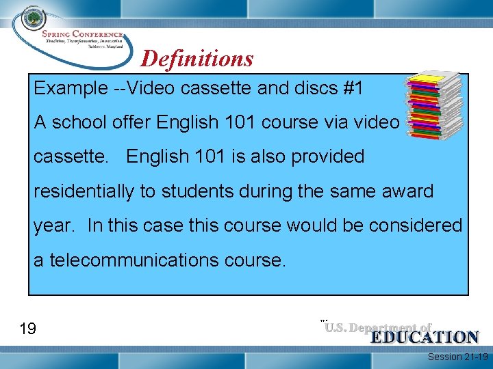 Definitions Example --Video cassette and discs #1 A school offer English 101 course via