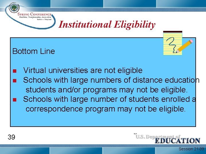 Institutional Eligibility Bottom Line n n n Virtual universities are not eligible Schools with