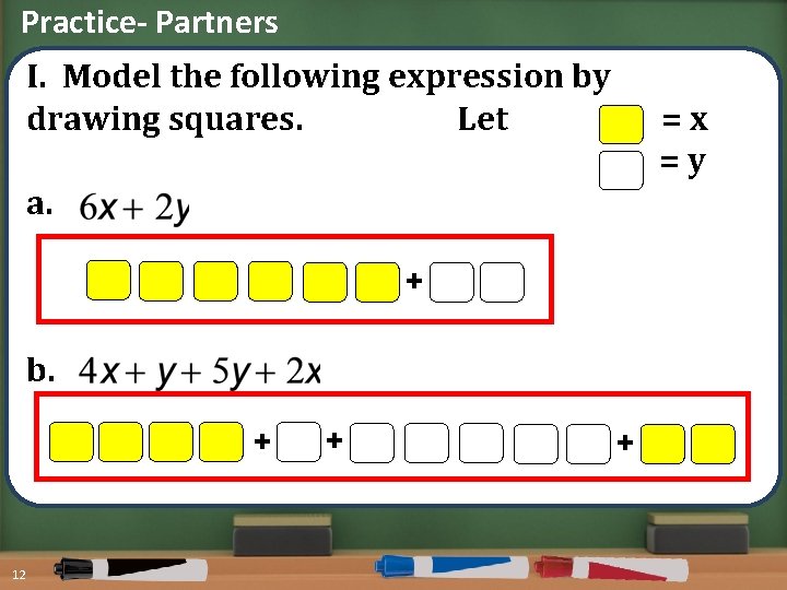 Practice- Partners I. Model the following expression by drawing squares. Let =x =y a.