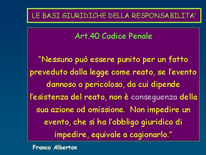 LE BASI GIURIDICHE DELLA RESPONSABILITA’ Art. 40 Codice Penale “Nessuno può essere punito per