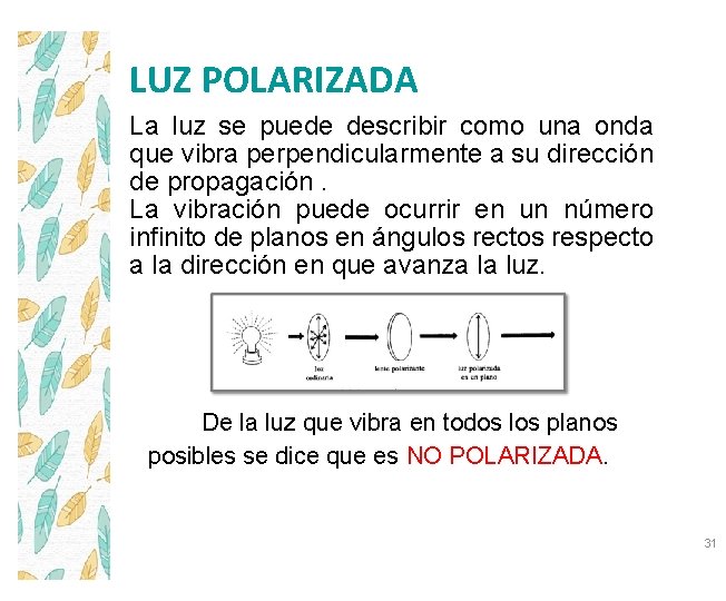 LUZ POLARIZADA La luz se puede describir como una onda que vibra perpendicularmente a