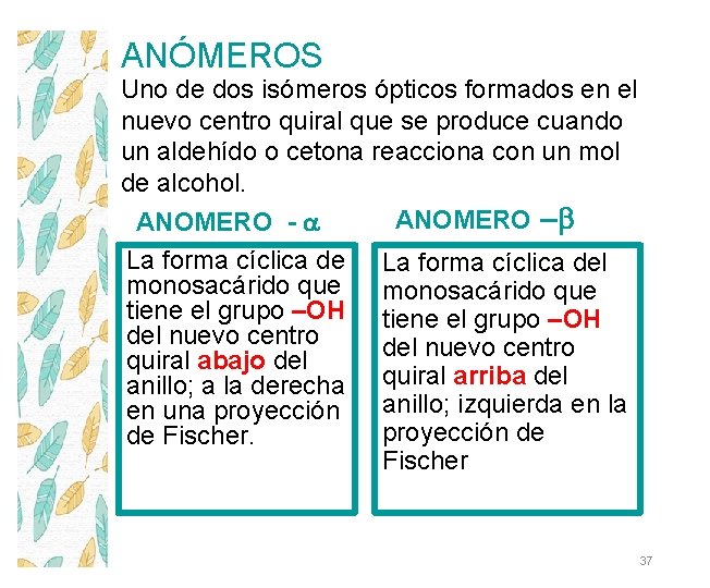 ANÓMEROS Uno de dos isómeros ópticos formados en el nuevo centro quiral que se