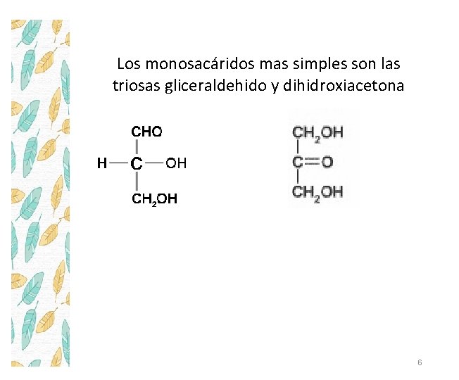 Los monosacáridos mas simples son las triosas gliceraldehido y dihidroxiacetona 6 