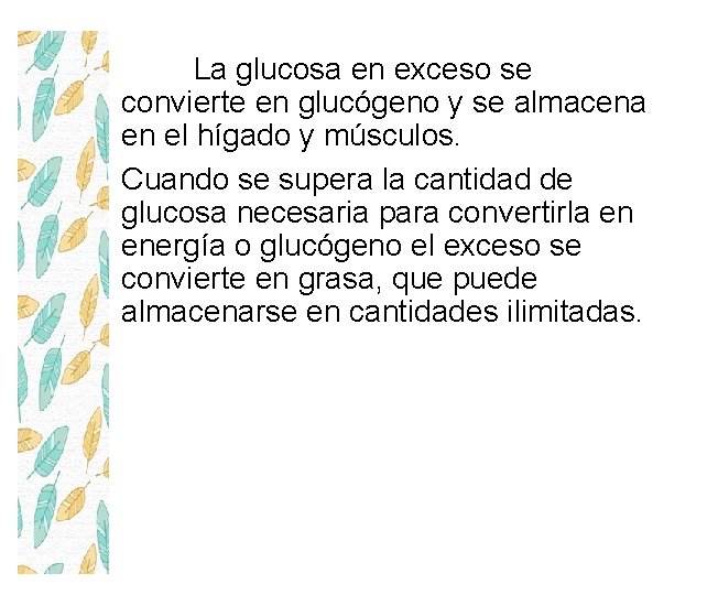 La glucosa en exceso se convierte en glucógeno y se almacena en el hígado