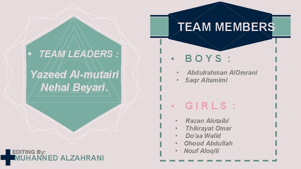 TEAM MEMBERS § TEAM LEADERS : ▪ Yazeed Al-mutairi Nehal Beyari. • Abdulrahman Al.