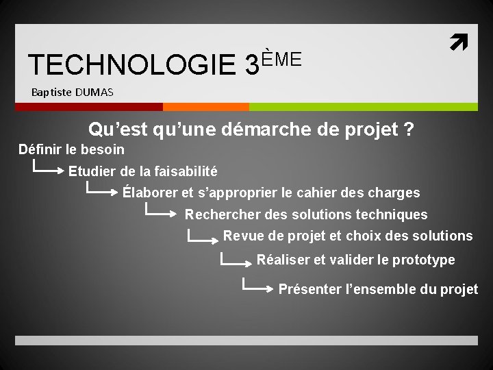 TECHNOLOGIE 3ÈME Baptiste DUMAS Qu’est qu’une démarche de projet ? Définir le besoin Etudier