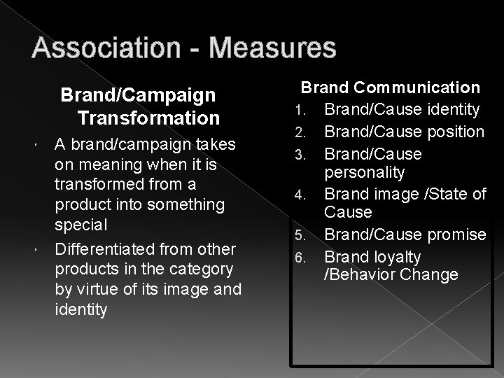 Association - Measures Brand/Campaign Transformation A brand/campaign takes on meaning when it is transformed