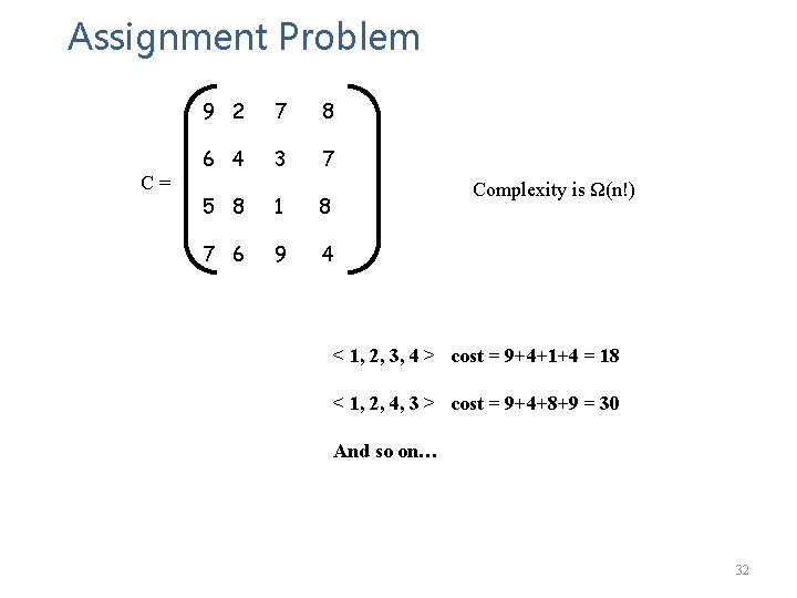 Assignment Problem C= 9 2 7 8 6 4 3 7 Complexity is Ω(n!) Assignment Problem C= 9 2 7 8 6 4 3 7 Complexity is Ω(n!)
