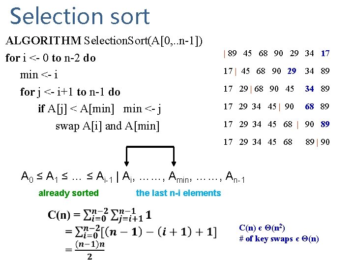 Selection sort ALGORITHM Selection. Sort(A[0, . . n-1]) for i <- 0 to n-2