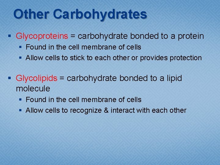 Other Carbohydrates § Glycoproteins = carbohydrate bonded to a protein § Found in the