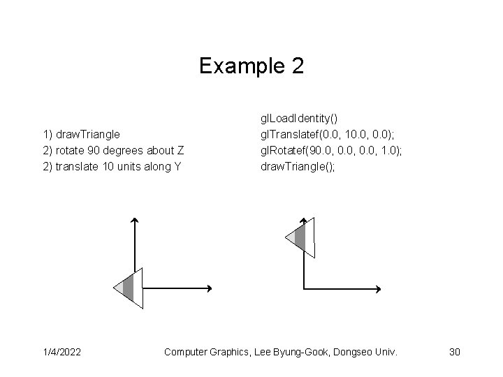 Example 2 1) draw. Triangle 2) rotate 90 degrees about Z 2) translate 10