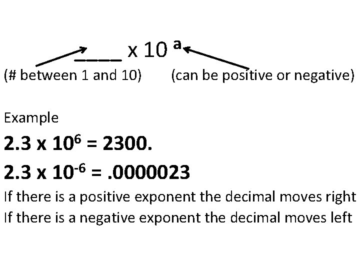 ____ x 10 (# between 1 and 10) a (can be positive or negative) ____ x 10 (# between 1 and 10) a (can be positive or negative)