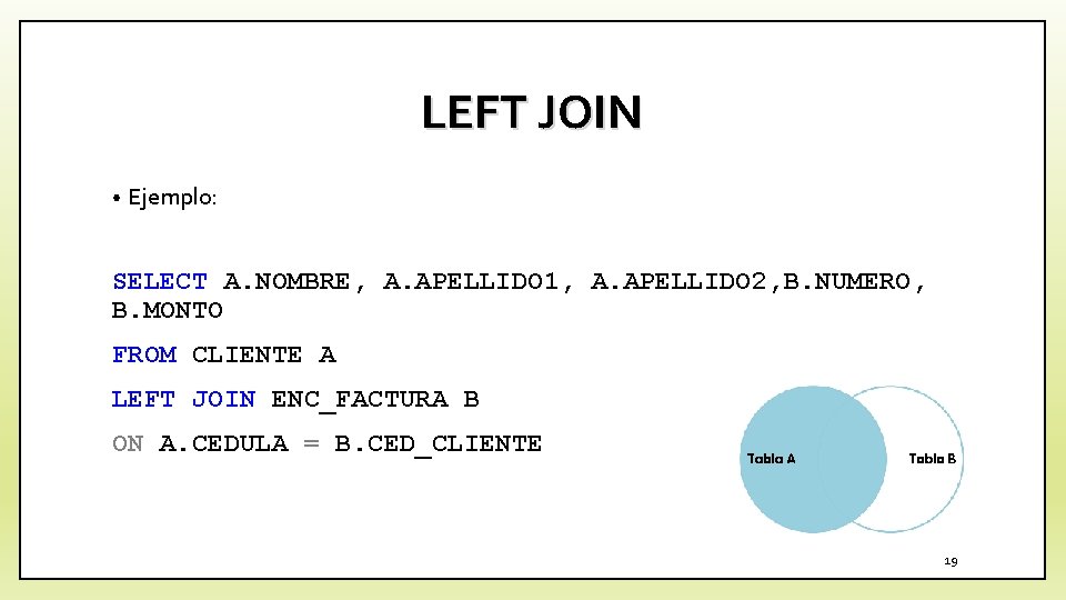 LEFT JOIN • Ejemplo: SELECT A. NOMBRE, A. APELLIDO 1, A. APELLIDO 2, B.