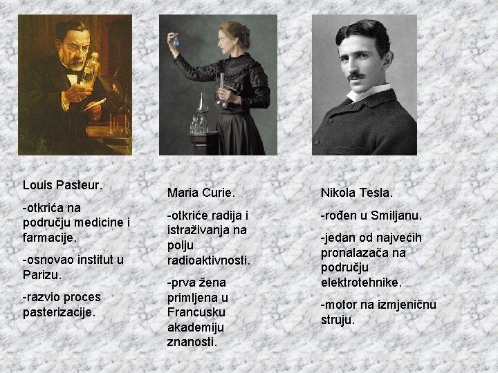 Louis Pasteur. -otkrića na području medicine i farmacije. -osnovao institut u Parizu. -razvio proces