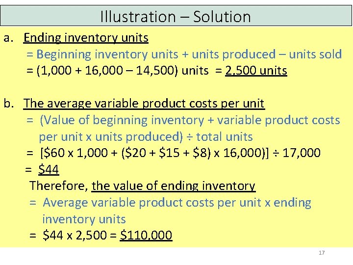 Illustration – Solution a. Ending inventory units = Beginning inventory units + units produced