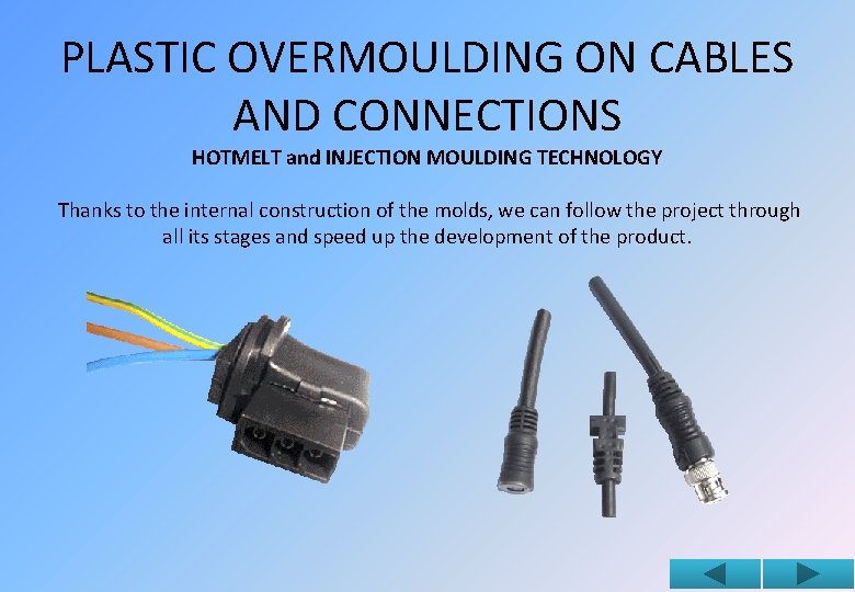 PLASTIC OVERMOULDING ON CABLES AND CONNECTIONS HOTMELT and INJECTION MOULDING TECHNOLOGY Thanks to the