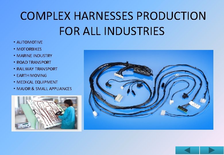 COMPLEX HARNESSES PRODUCTION FOR ALL INDUSTRIES • • AUTOMOTIVE MOTORBIKES MARINE INDUSTRY ROAD TRANSPORT