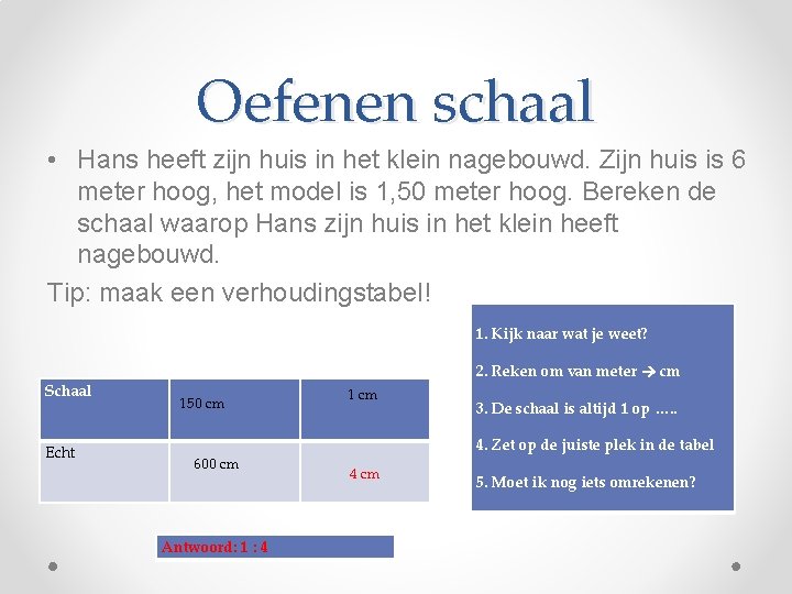 Oefenen schaal • Hans heeft zijn huis in het klein nagebouwd. Zijn huis is