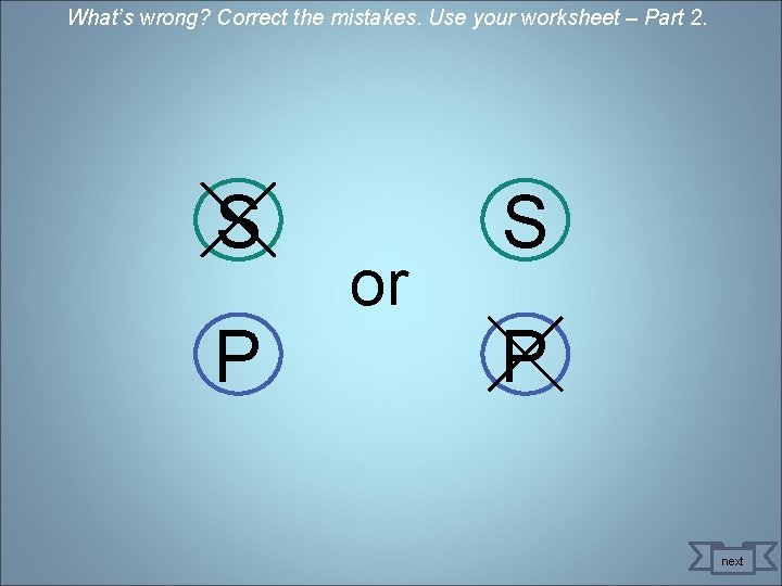 What’s wrong? Correct the mistakes. Use your worksheet – Part 2. S P or