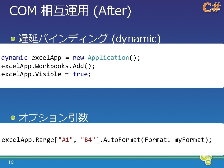 COM 相互運用 (After) C# 遅延バインディング (dynamic) dynamic excel. App = new Application(); excel. App.