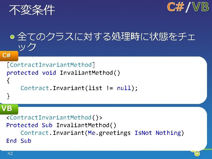 不変条件 C# C#/ C# VB 全てのクラスに対する処理時に状態をチェ ック [Contract. Invariant. Method] protected void Invaliant. Method()