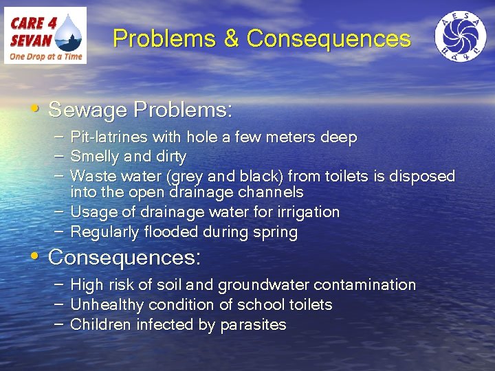 Problems & Consequences • Sewage Problems: – – – Pit-latrines with hole a few