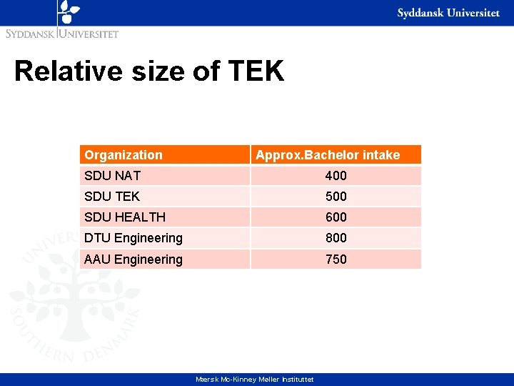 Relative size of TEK Organization Approx. Bachelor intake SDU NAT 400 SDU TEK 500