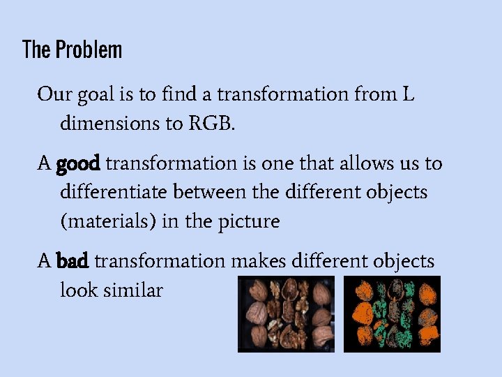 The Problem Our goal is to find a transformation from L dimensions to RGB.