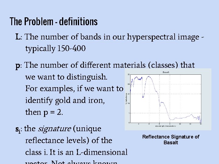 The Problem - definitions L: The number of bands in our hyperspectral image typically