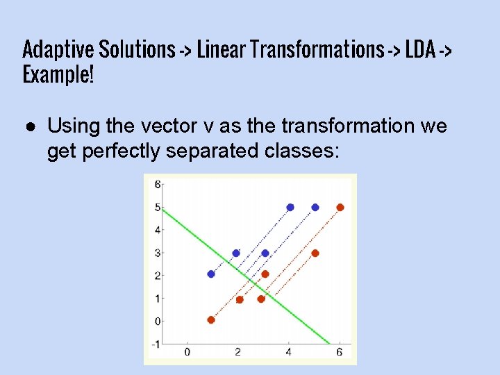 Adaptive Solutions -> Linear Transformations -> LDA -> Example! ● Using the vector v