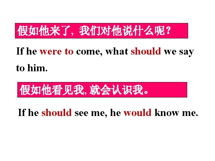 假如他来了, 我们对他说什么呢？ If he were to come, what should we say to him. 假如他看见我,