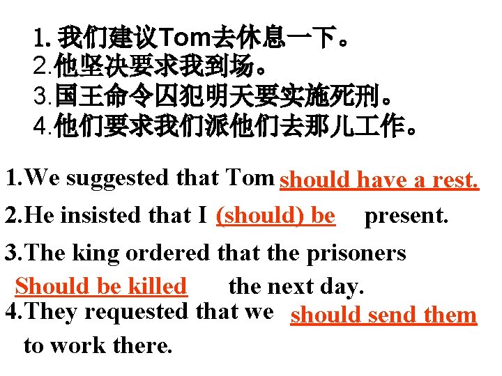 1. 我们建议Tom去休息一下。 2. 他坚决要求我到场。 3. 国王命令囚犯明天要实施死刑。 4. 他们要求我们派他们去那儿 作。 1. We suggested that Tom